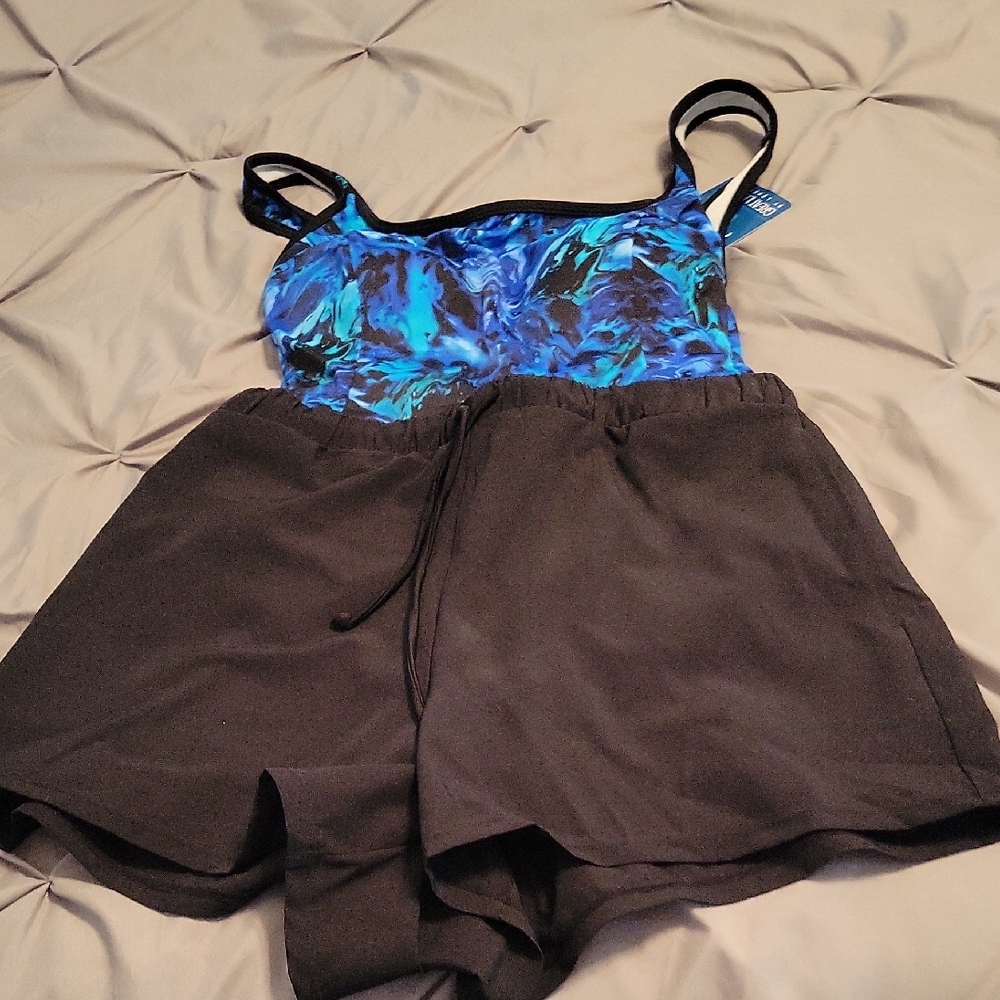 Blue and Black Tank Top with Shorts Set